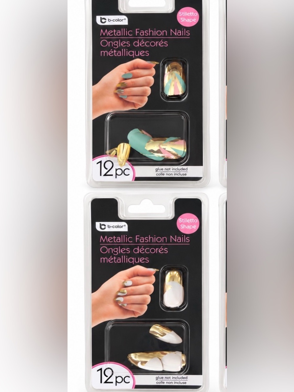 6-Pack b.color Metallic Fashion Nails, Stiletto, Gold & Aqua/White